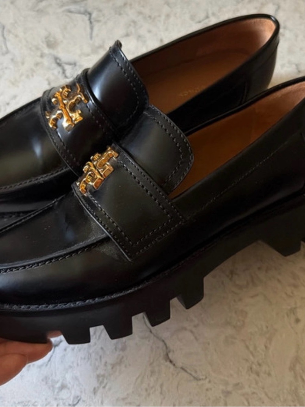 Tory Burch Black Leather Loafers with Gold Logo Hardware